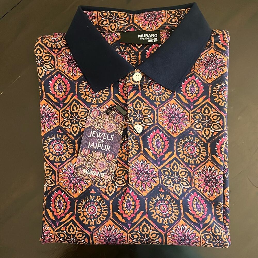 Murano Jewels of Jaipur Collection Jacquard Short Sleeve Cotton Polo Size XL